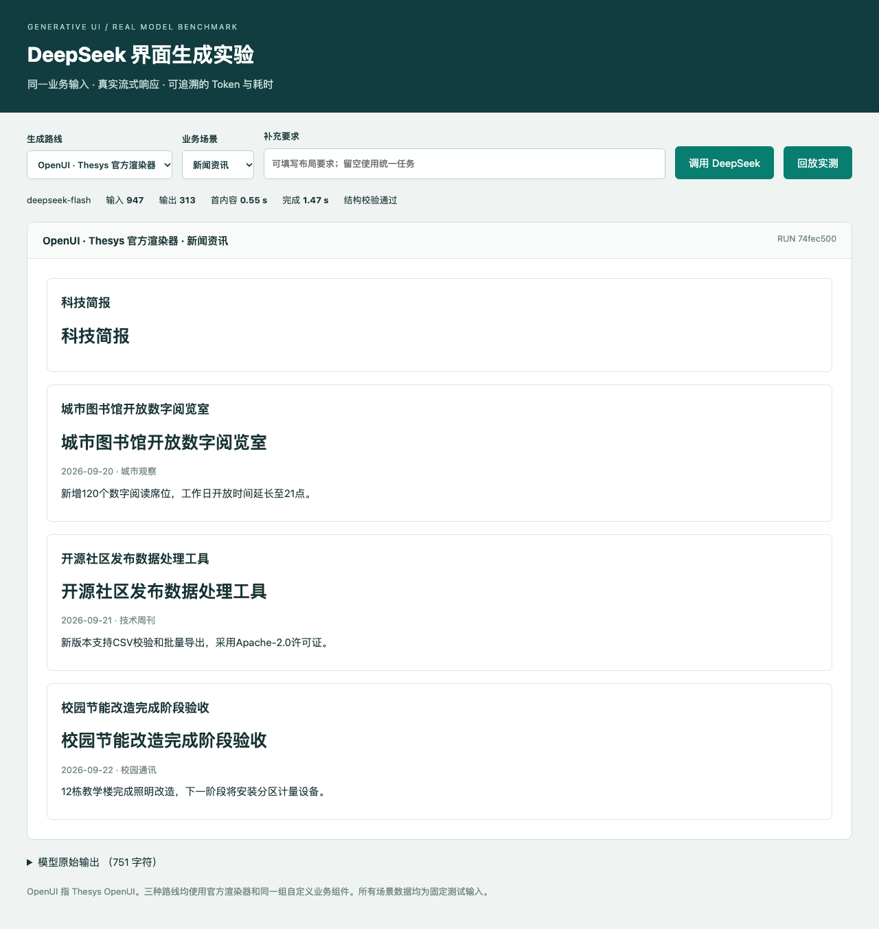 Thesys OpenUI 真实生成的新闻资讯页
